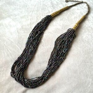 Vintage Oil Spill Seed Bead Necklace With Brass Accent